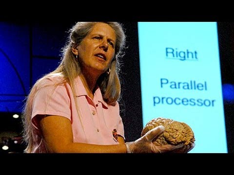 Jill Bolte Taylor, neuroanatomist, holding a real human brain and sharing her experience of having a stroke