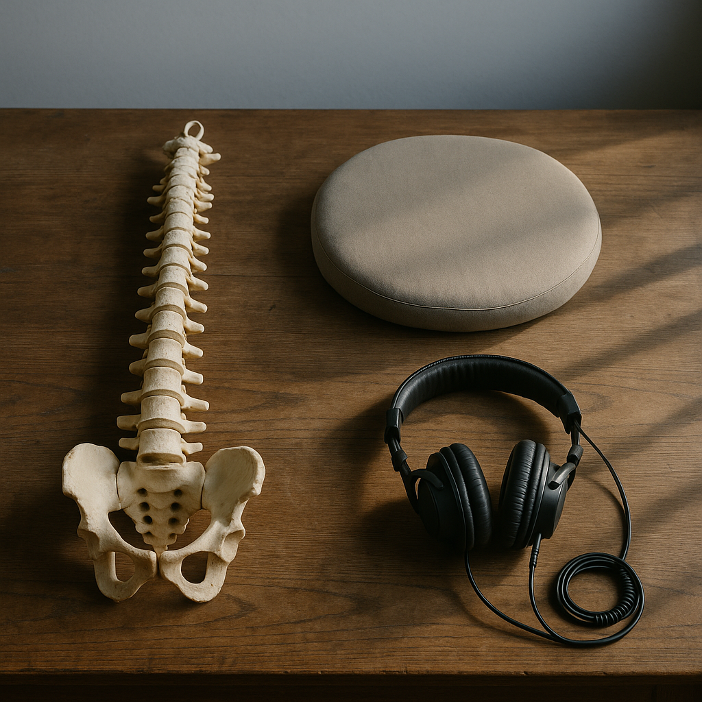 A worn wooden desk split between two objects: on the left, a well-used chiropractic spine model of molded plastic vertebrae with a metal rod and rubbe