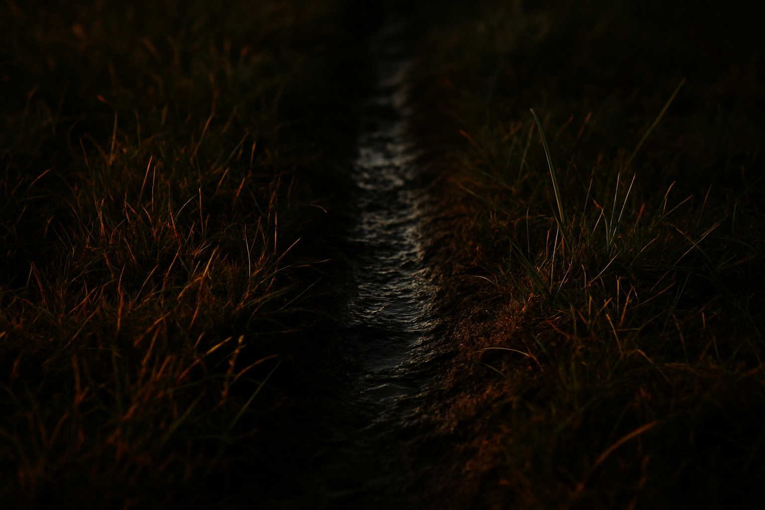 A single deep groove worn into a field of wet grass and soft mud by repeated footsteps, the surrounding blades still upright while the trodden path is