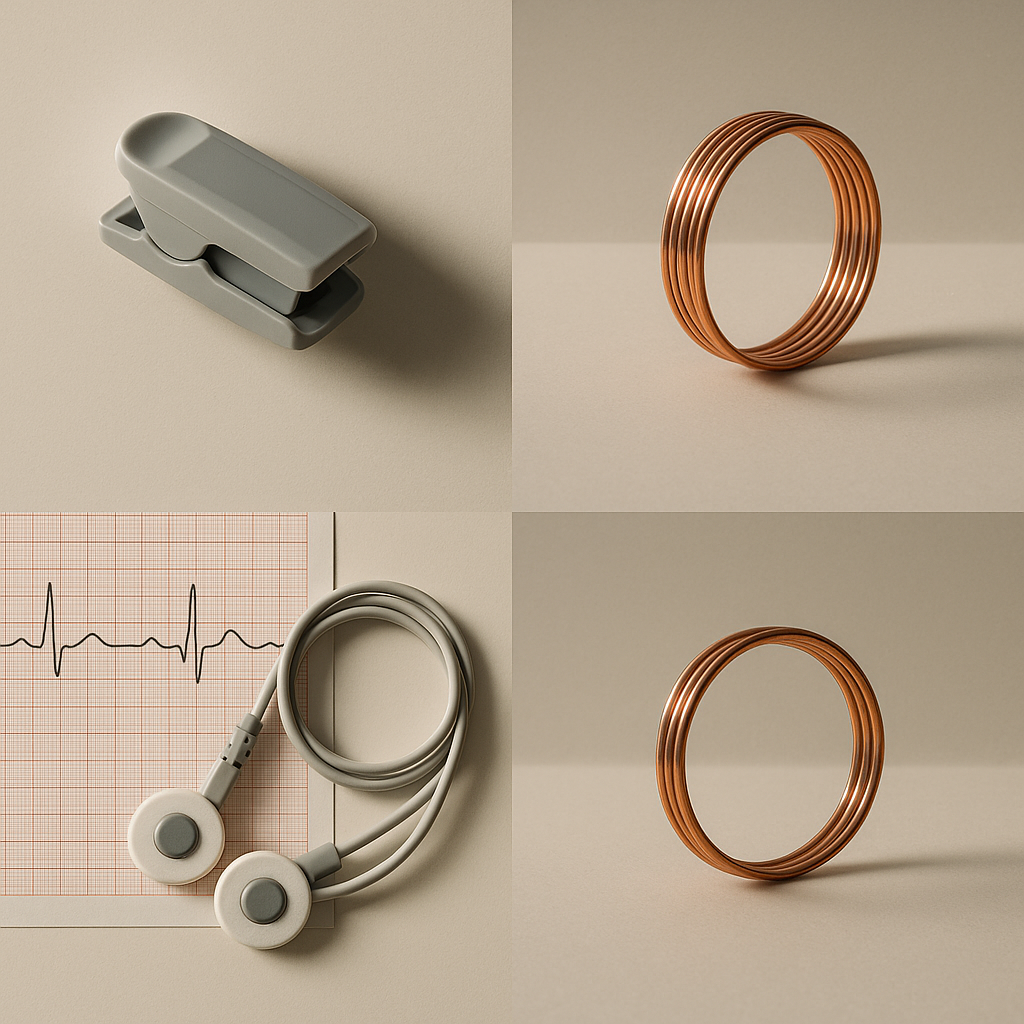 A split laboratory bench view: on one side a clinical pulse-oximeter clip and a coiled ECG electrode cable resting on graph paper printed with a wavy 