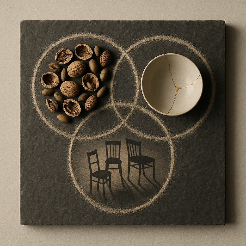 Three overlapping circles drawn in fine sand on a dark stone surface, each ring holding a different material — one filled with walnut shells and olive