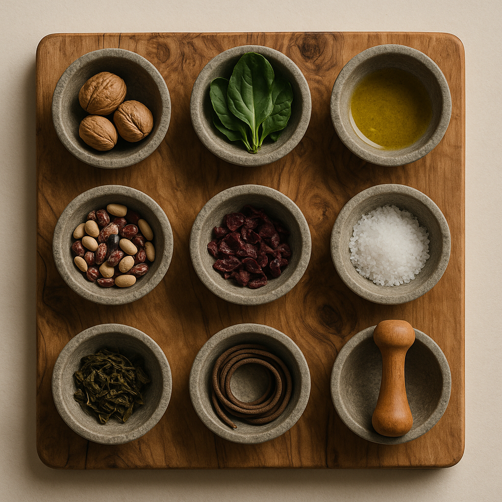 An overhead grid of nine small stone bowls on a weathered olive-wood table, each holding a single lifestyle element: whole walnuts, dark leafy greens,