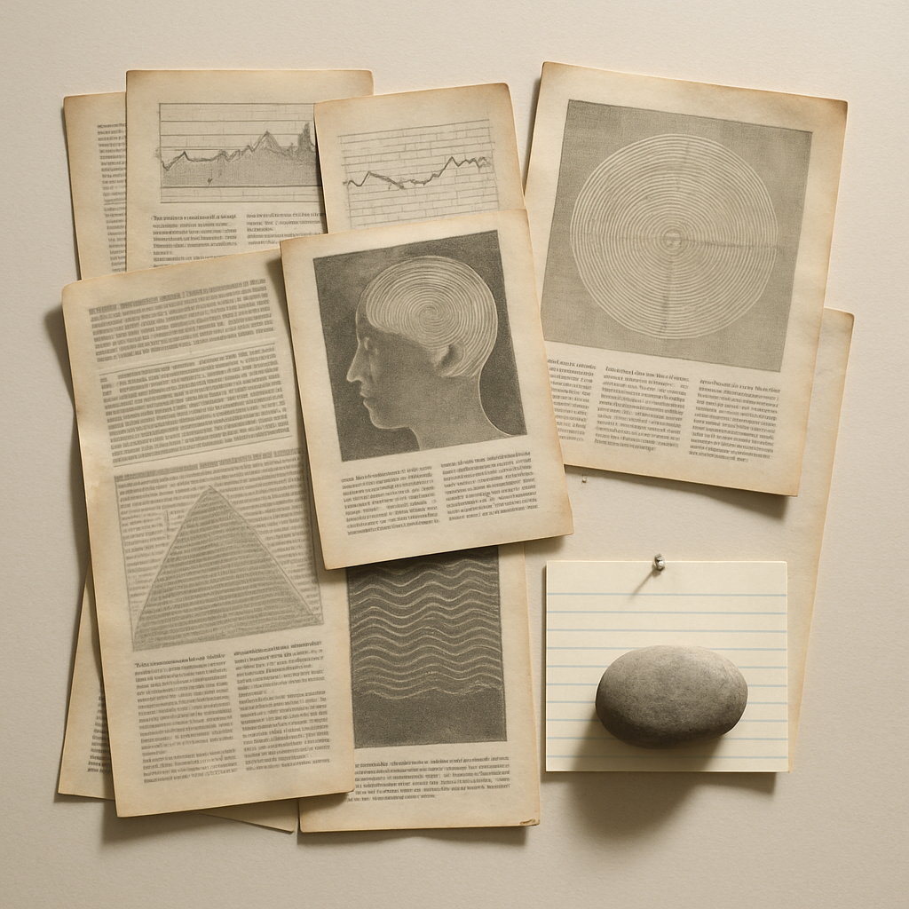 A cluttered stack of overlapping newspaper clippings and magazine pages, edges curling and yellowed, spread across a table beside a single small index