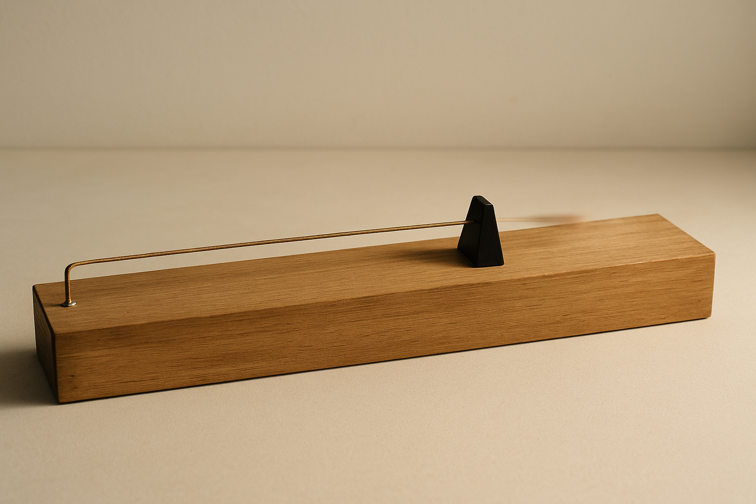 A single taut brass string stretched over a long wooden monochord box, a movable ebony bridge wedged beneath it dividing the string into two unequal l