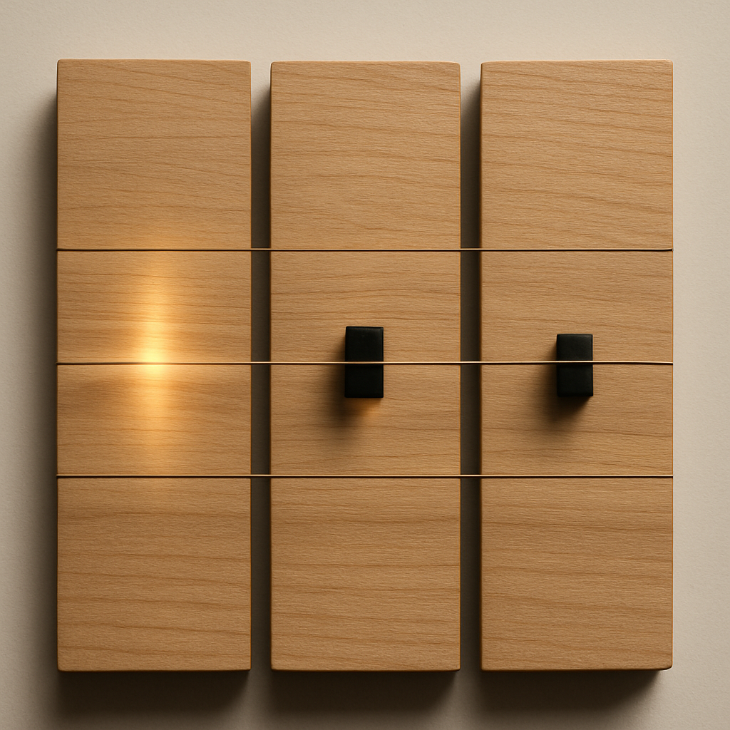 Three stretched brass wires on a wooden monochord board, each divided by a small ebony bridge at exactly one-half, two-thirds and three-quarters of it