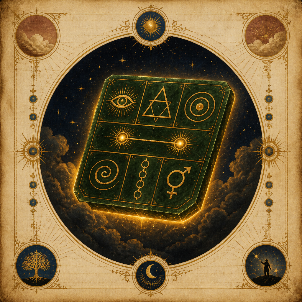 A dark emerald tablet floating in a night sky, its surface divided into seven glowing golden panels, each holding one he