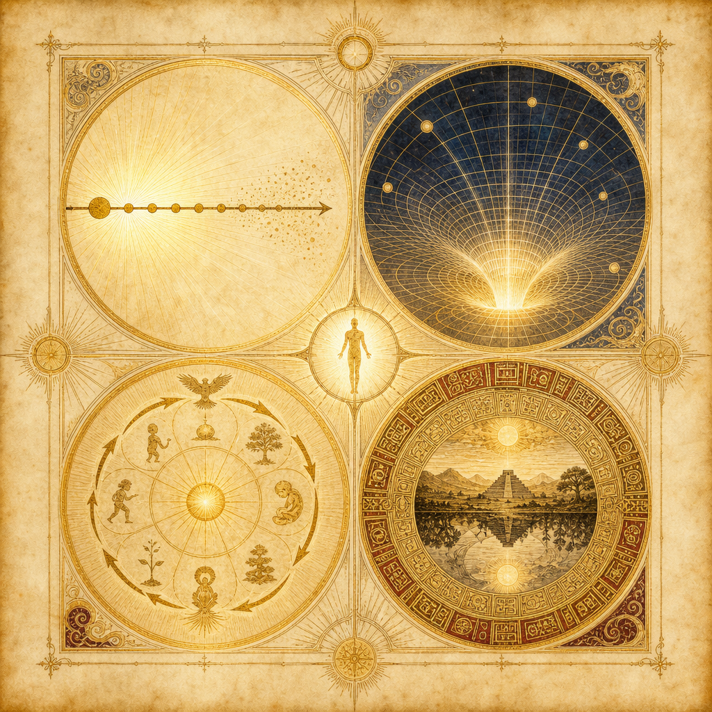 A four-panel grid of golden time-diagrams painted in luminous ink: a straight arrow-line of hours dissolving toward the