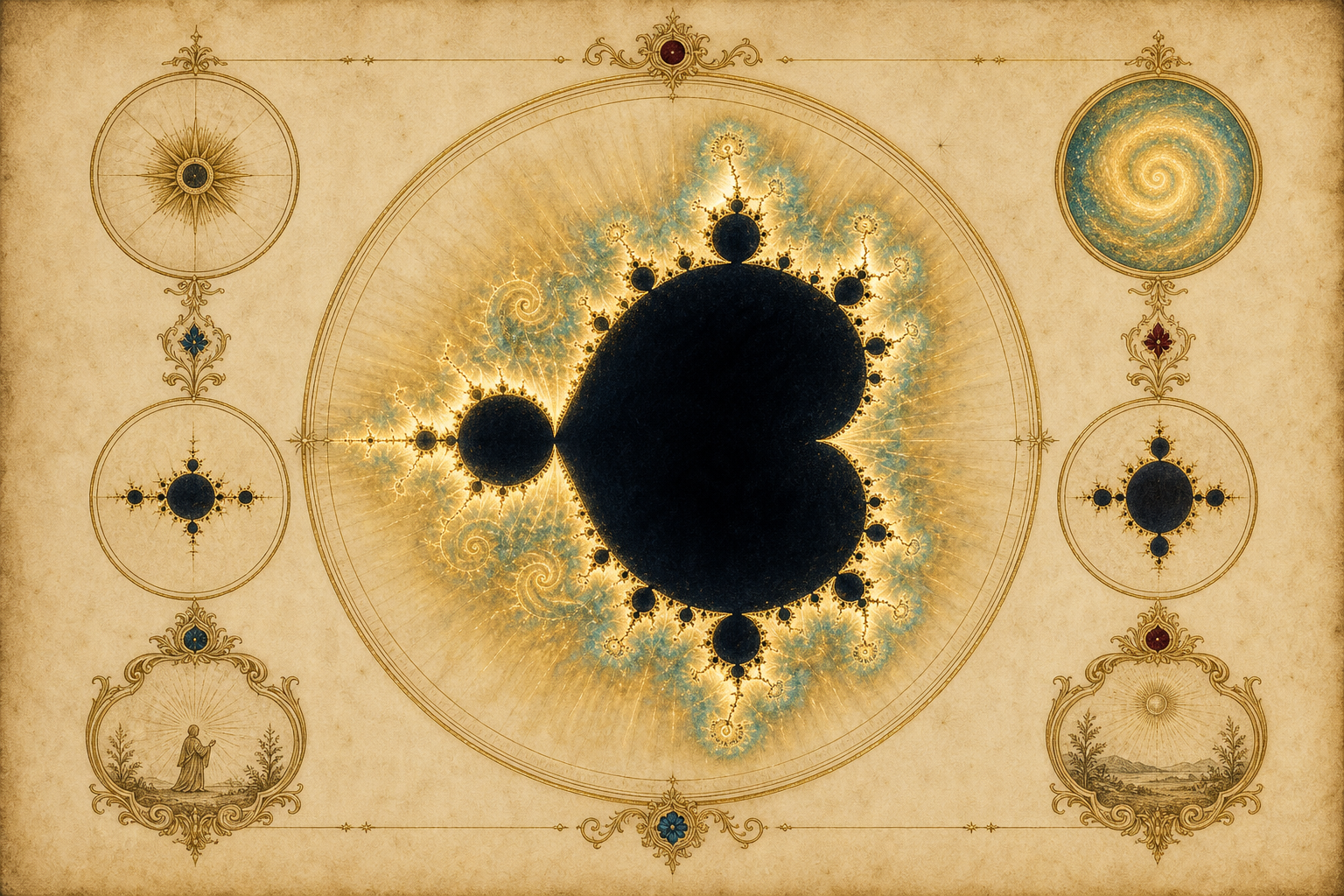 The Mandelbrot set rendered as a luminous painted specimen at center — its dark heart-shaped cardioid body edged with en