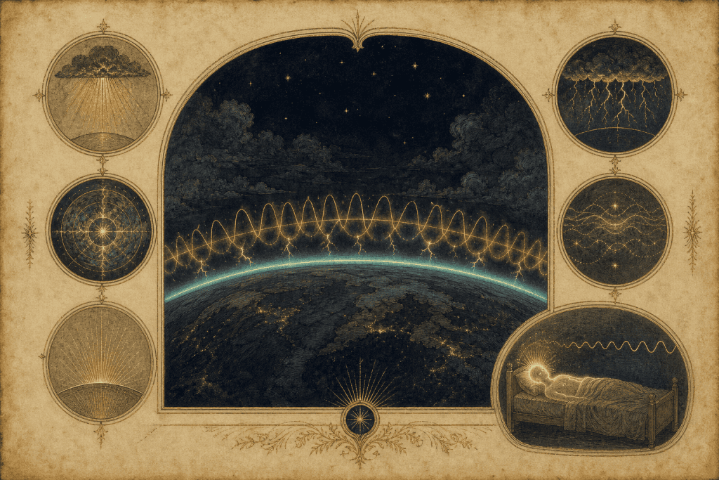 A cross-section of the Earth's curve at the bottom of the frame with a thin luminous ionosphere arc above it, and golden