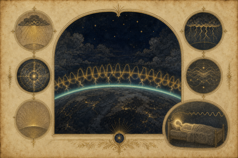 A cross-section of the Earth's curve at the bottom of the frame with a thin luminous ionosphere arc above it, and golden