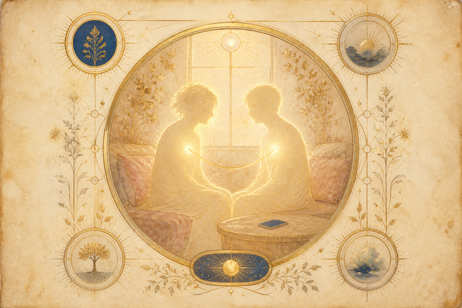 Two seated silhouettes of light facing each other in quiet closeness, no faces, one leaning slightly toward the other, w
