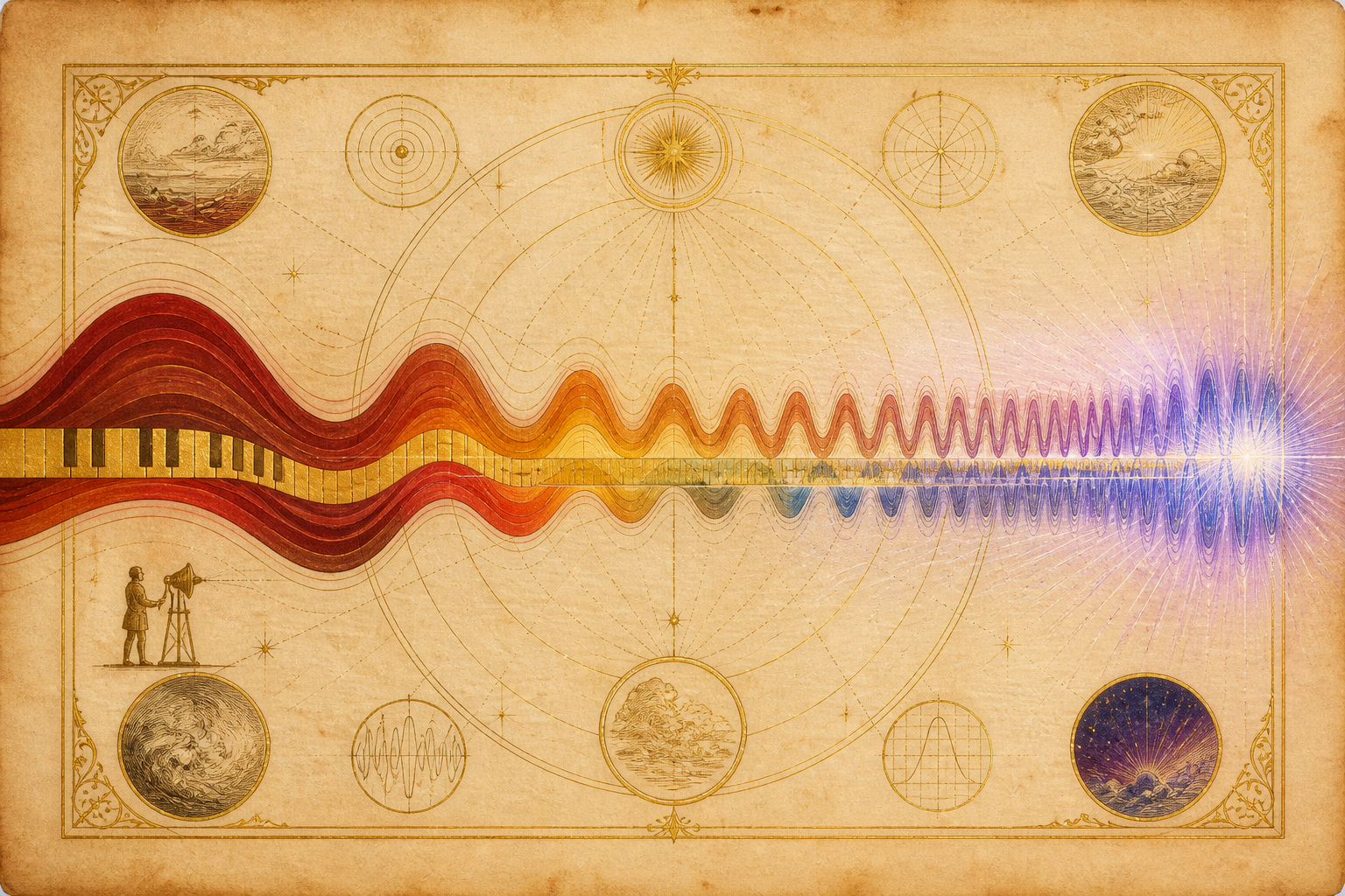 A single continuous wave sweeping across the frame: on the left it is a slow, deep mechanical ripple in air rendered as